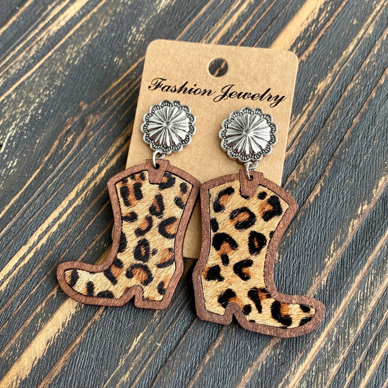 Wholesale Western Style Western Cowboy Boots Leopard Print Cow Print Earrings