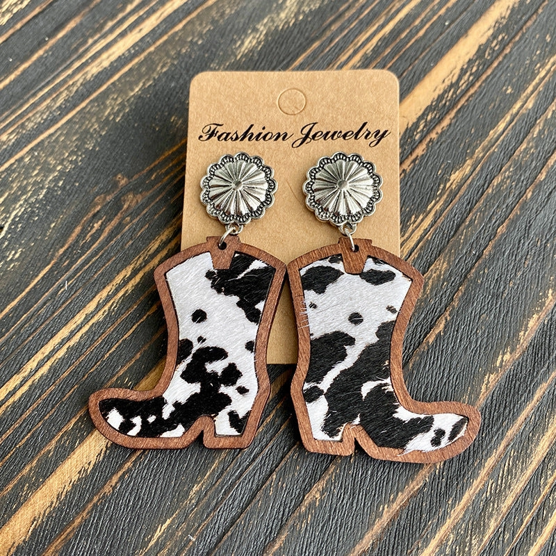 Wholesale Western Style Western Cowboy Boots Leopard Print Cow Print Earrings