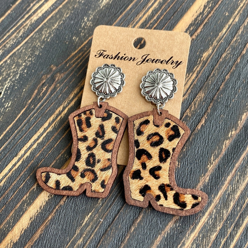 Wholesale Western Style Western Cowboy Boots Leopard Print Cow Print Earrings