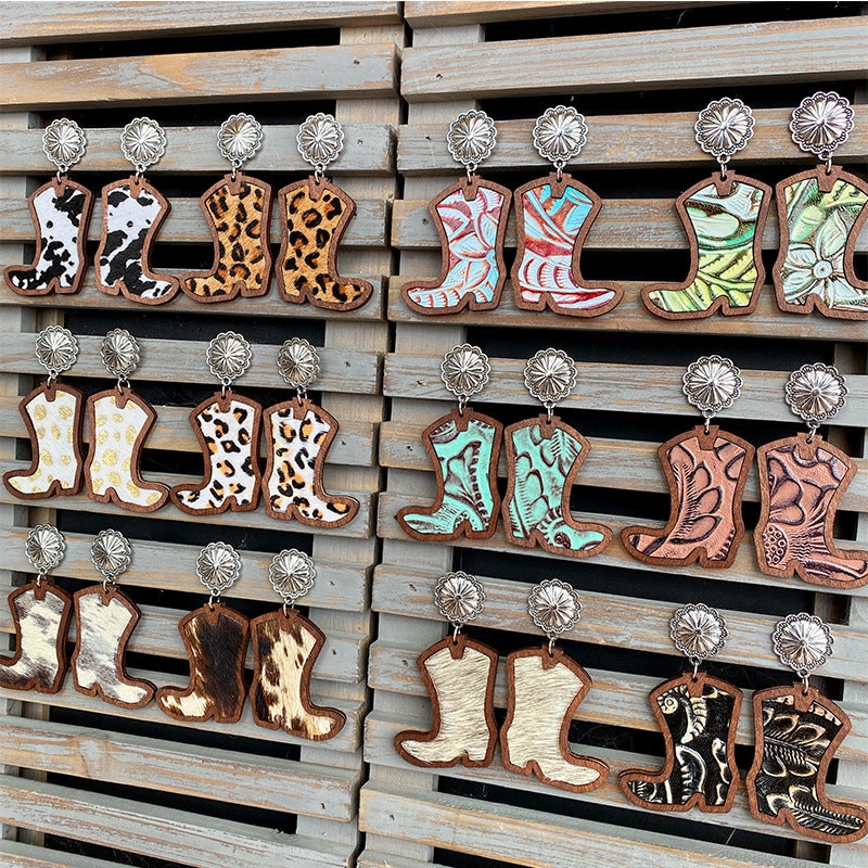 Wholesale Western Style Western Cowboy Boots Leopard Print Cow Print Earrings