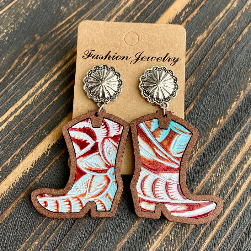 Wholesale Western Style Western Cowboy Boots Leopard Print Cow Print Earrings