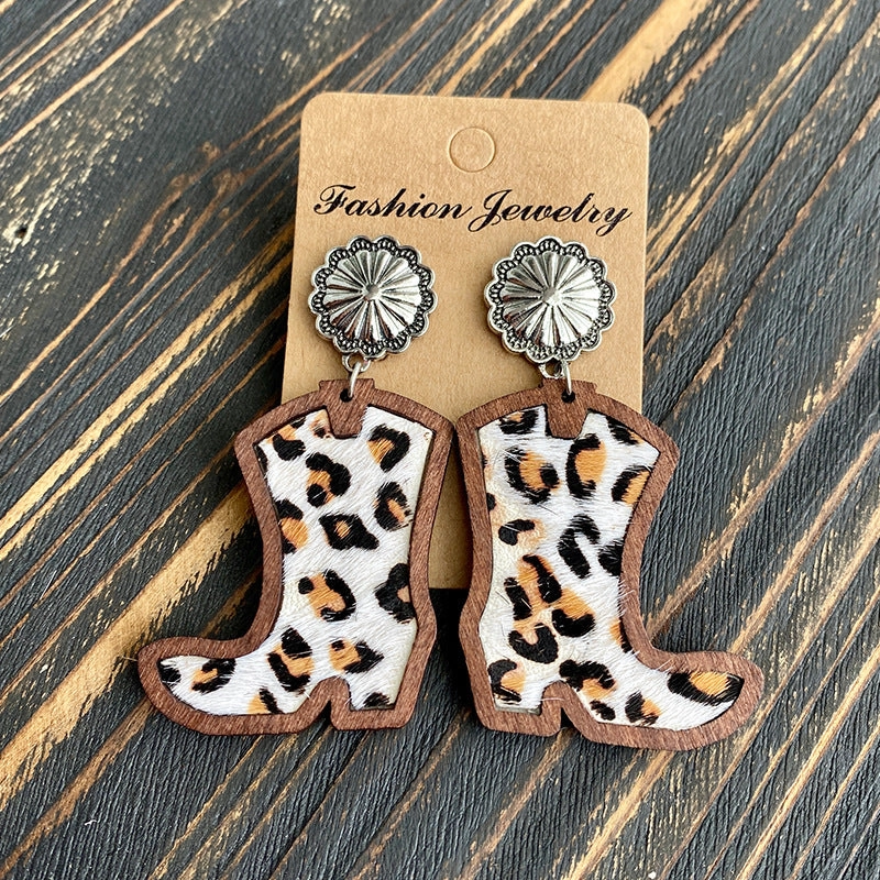 Wholesale Western Style Western Cowboy Boots Leopard Print Cow Print Earrings