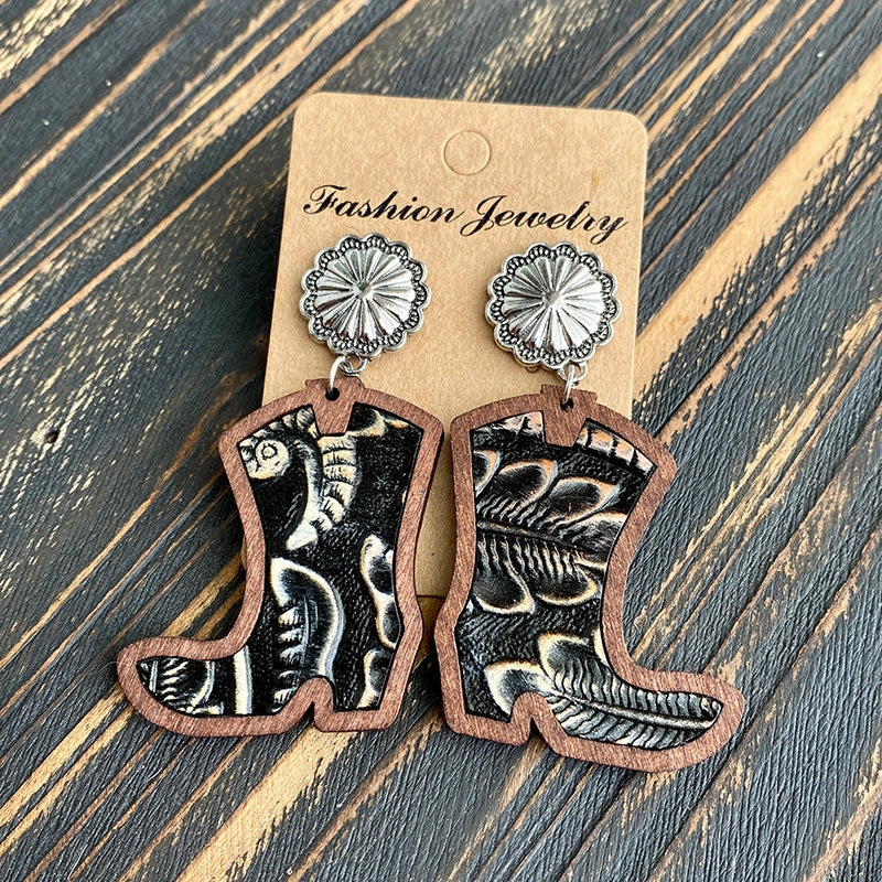 Wholesale Western Style Western Cowboy Boots Leopard Print Cow Print Earrings