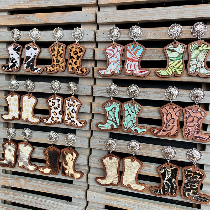 Wholesale Western Style Western Cowboy Boots Leopard Print Cow Print Earrings