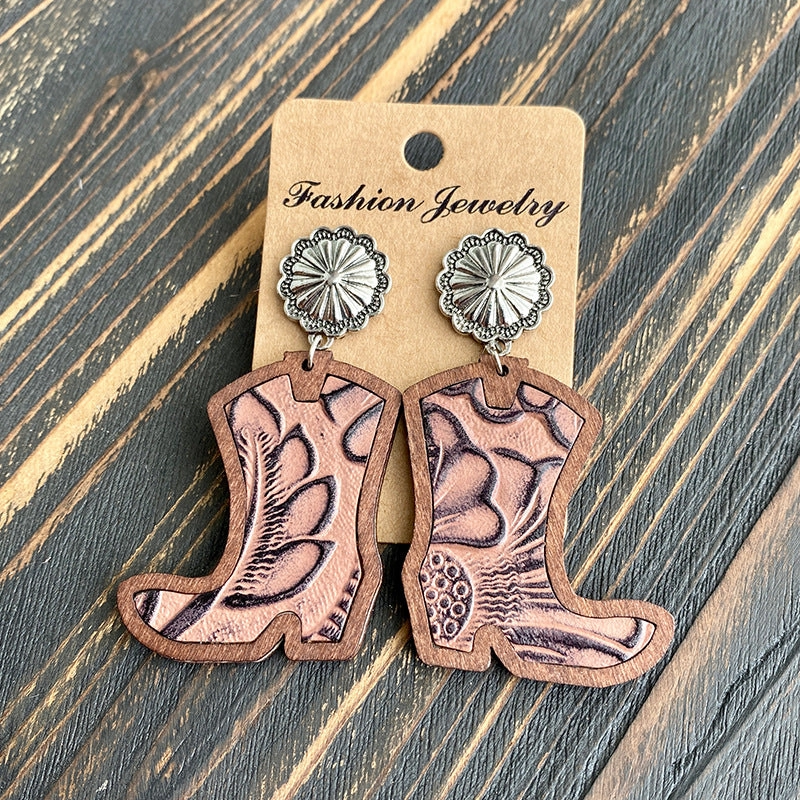 Wholesale Western Style Western Cowboy Boots Leopard Print Cow Print Earrings