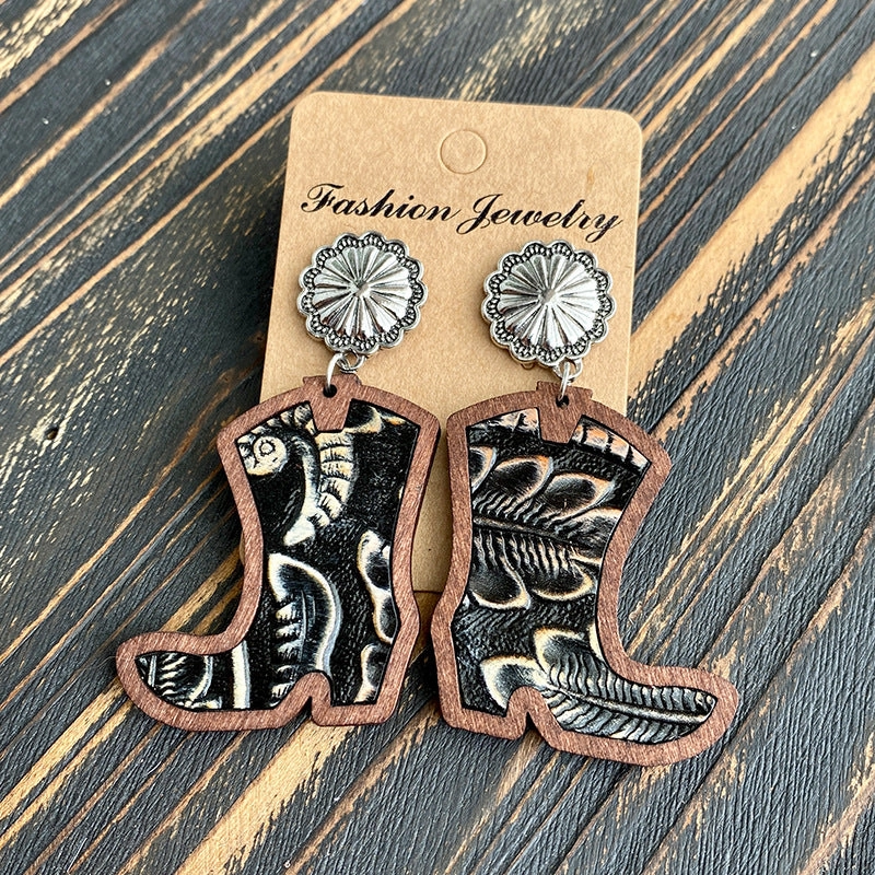 Wholesale Western Style Western Cowboy Boots Leopard Print Cow Print Earrings