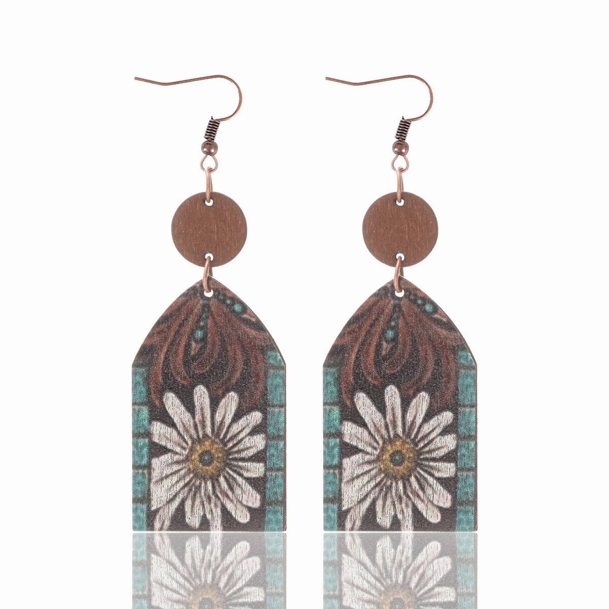 Wholesale Western Style Wooden Bull Head Flower Pattern Earrings