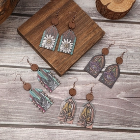 Wholesale Western Style Wooden Bull Head Flower Pattern Earrings