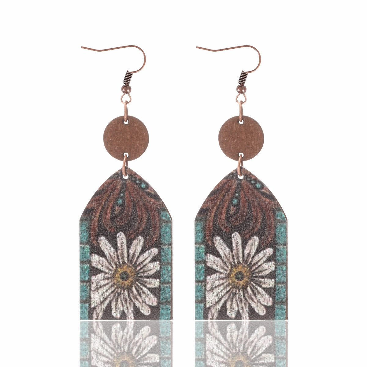 Wholesale Western Style Wooden Bull Head Flower Pattern Earrings