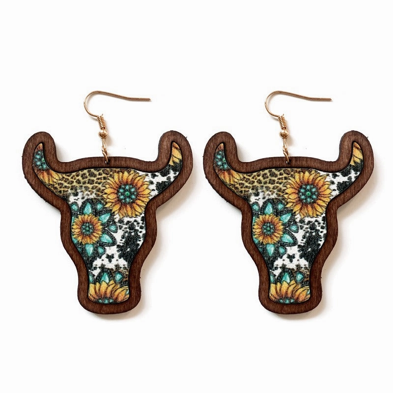 Wholesale Western Vintage Bull Head Inlaid Wooden Earrings