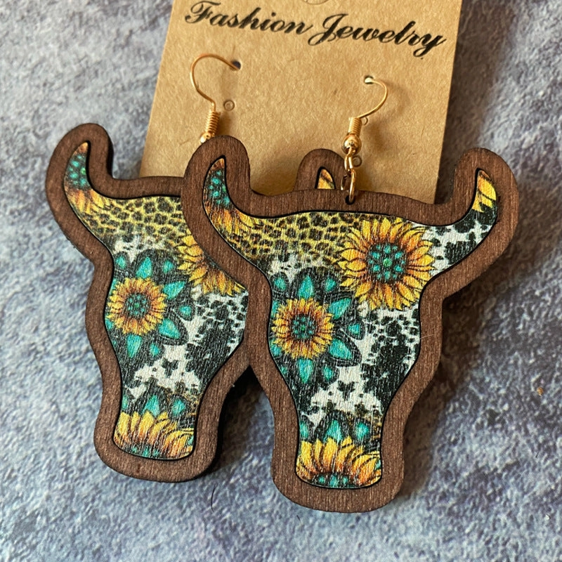 Wholesale Western Vintage Bull Head Inlaid Wooden Earrings
