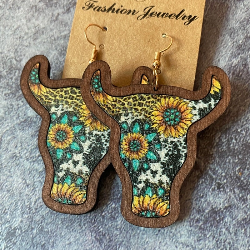 Wholesale Western Vintage Bull Head Inlaid Wooden Earrings