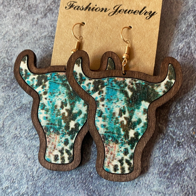 Wholesale Western Vintage Bull Head Inlaid Wooden Earrings