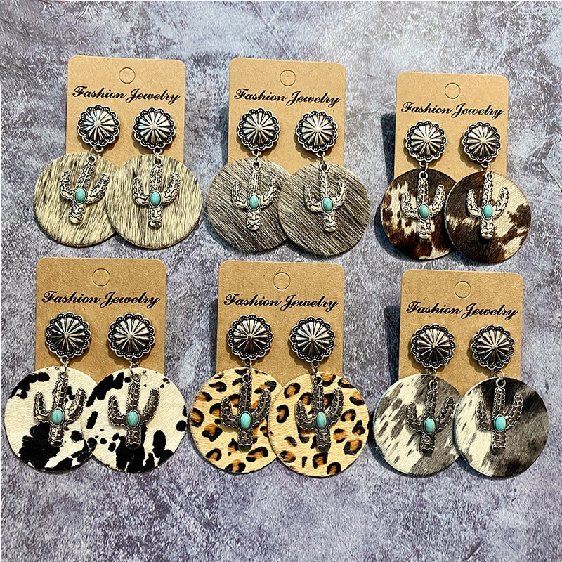 Wholesale Western Vintage Genuine Leather Bohemian Horse Hair Cowhide Cactus Splicing Earrings