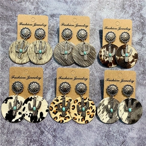 Wholesale Western Vintage Genuine Leather Bohemian Horse Hair Cowhide Cactus Splicing Earrings
