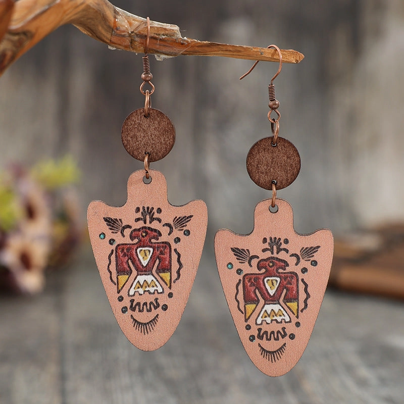 Wholesale Western Vintage Style Arrow Carved Cactus Wooden Earrings