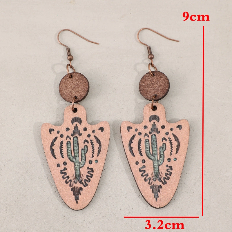 Wholesale Western Vintage Style Arrow Carved Cactus Wooden Earrings
