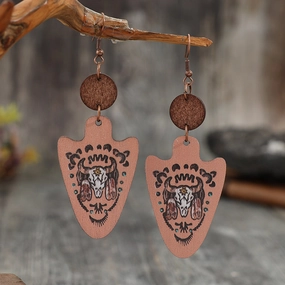 Wholesale Western Vintage Style Arrow Carved Cactus Wooden Earrings
