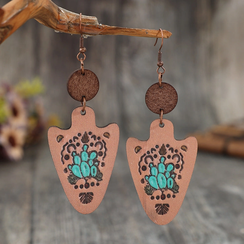 Wholesale Western Vintage Style Arrow Carved Cactus Wooden Earrings