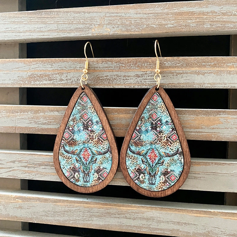 Wholesale Western Vintage Water Drop Pattern Wooden Earrings
