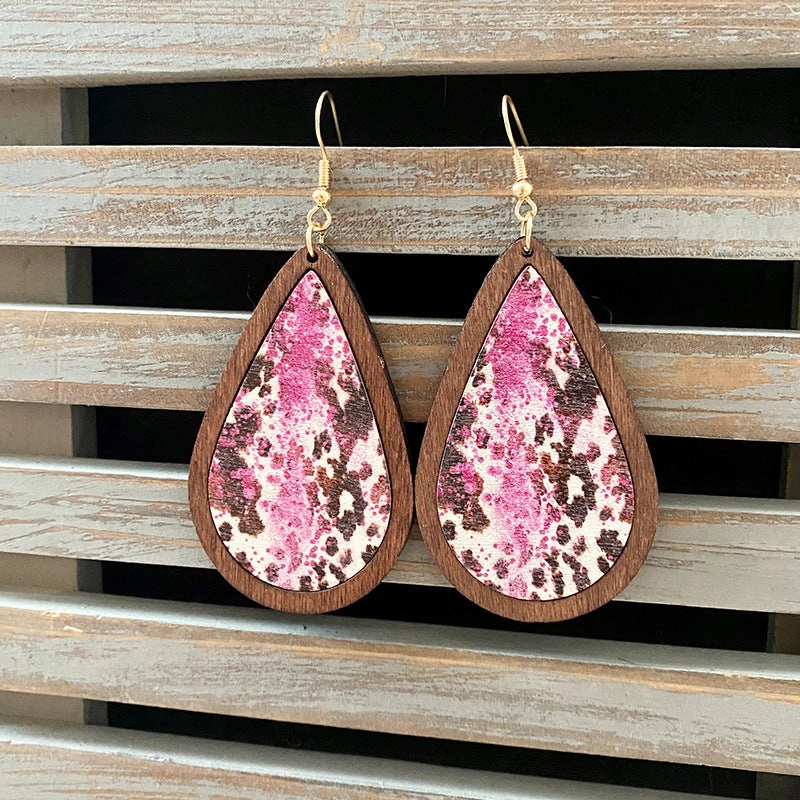 Wholesale Western Vintage Water Drop Pattern Wooden Earrings