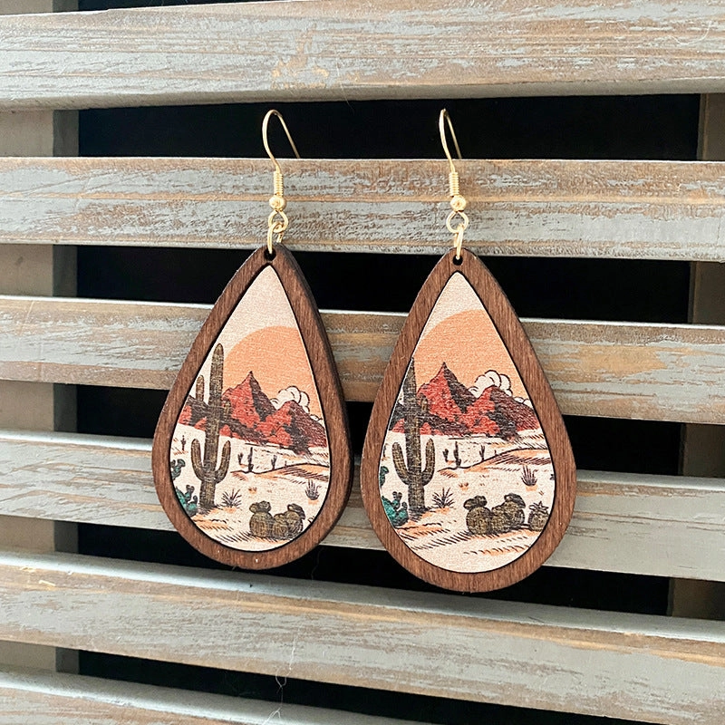 Wholesale Western Vintage Water Drop Pattern Wooden Earrings