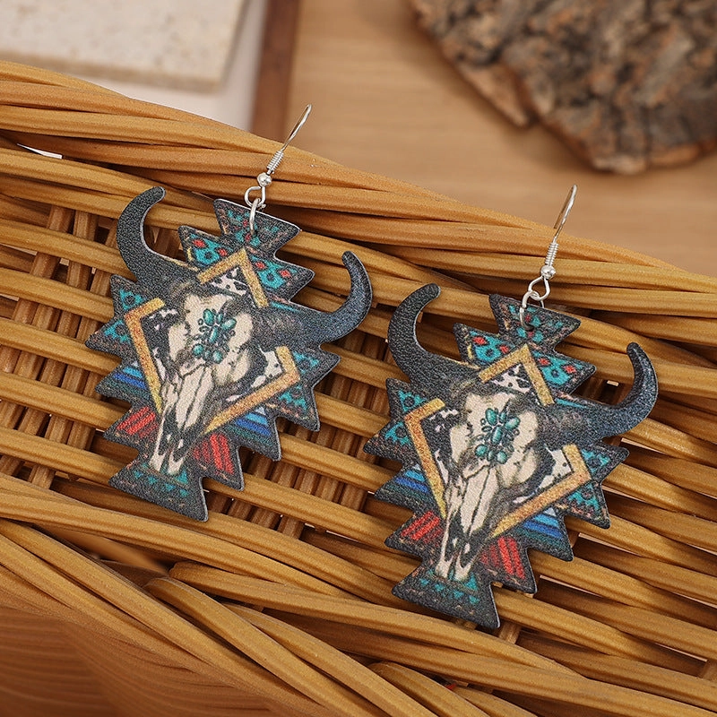 Wholesale Western Wind Bull Head Geometric PU Leather Earrings