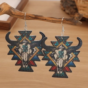 Wholesale Western Wind Bull Head Geometric PU Leather Earrings