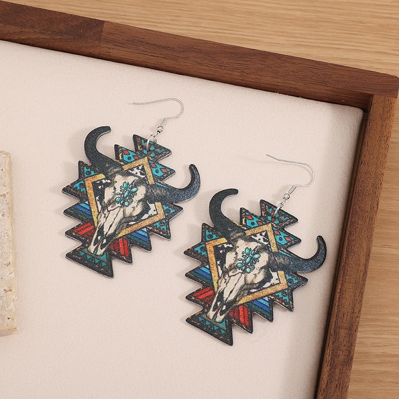Wholesale Western Wind Bull Head Geometric PU Leather Earrings