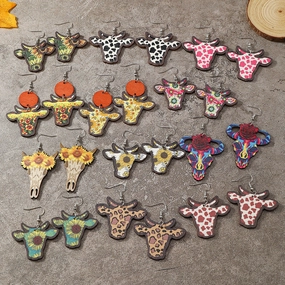 Wholesale Western Wind Cow Head Cow Pattern Leopard Pattern Sunflower Wooden Earrings