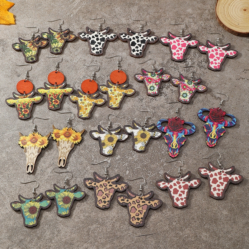 Wholesale Western Wind Cow Head Cow Pattern Leopard Pattern Sunflower Wooden Earrings