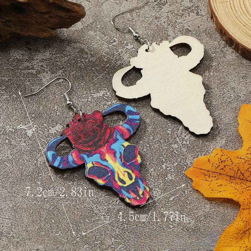 Wholesale Western Wind Cow Head Cow Pattern Leopard Pattern Sunflower Wooden Earrings