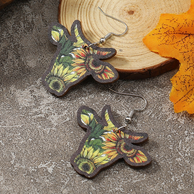 Wholesale Western Wind Cow Head Cow Pattern Leopard Pattern Sunflower Wooden Earrings