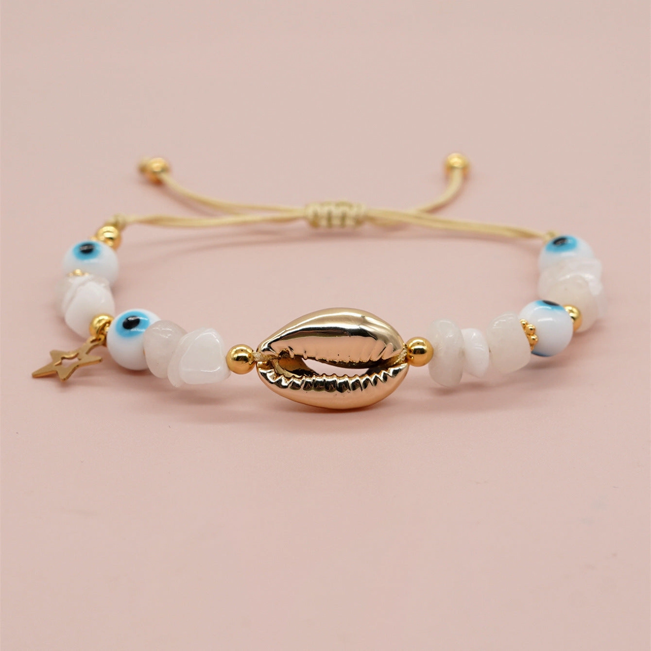 Wholesale White Glass Eyes Gold Snowflake White Jade Gold Seashell Bracelet