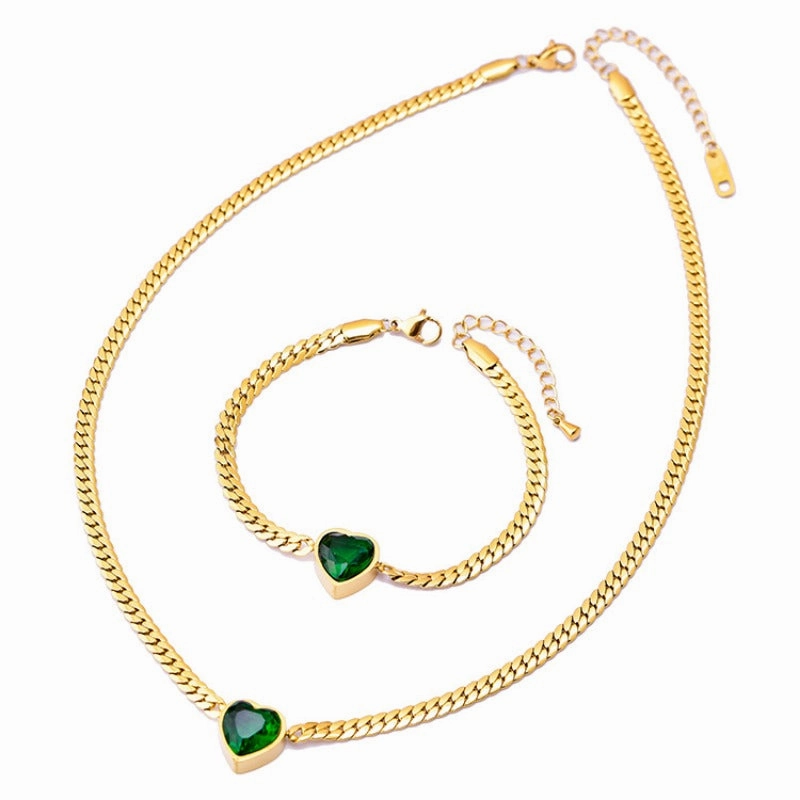 Wholesale White Zircon Love Necklace Titanium Steel Bracelet Green Diamond Clavicle Chain Heart Shape Bracelet Set