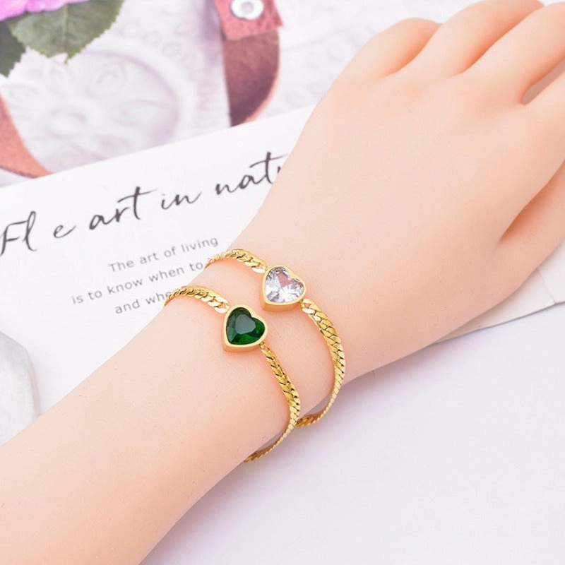 Wholesale White Zircon Love Necklace Titanium Steel Bracelet Green Diamond Clavicle Chain Heart Shape Bracelet Set