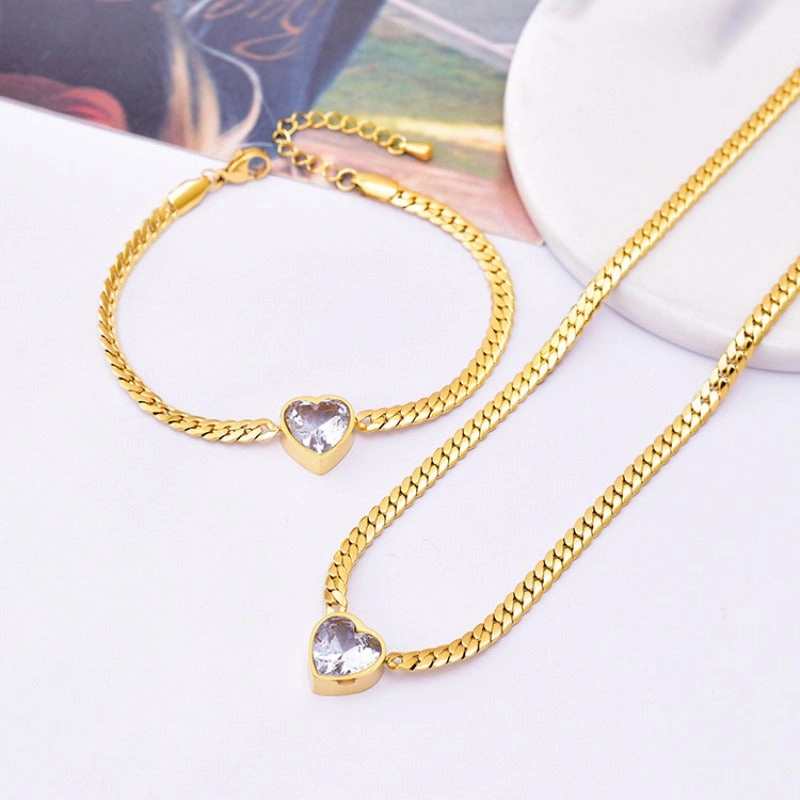 Wholesale White Zircon Love Necklace Titanium Steel Bracelet Green Diamond Clavicle Chain Heart Shape Bracelet Set