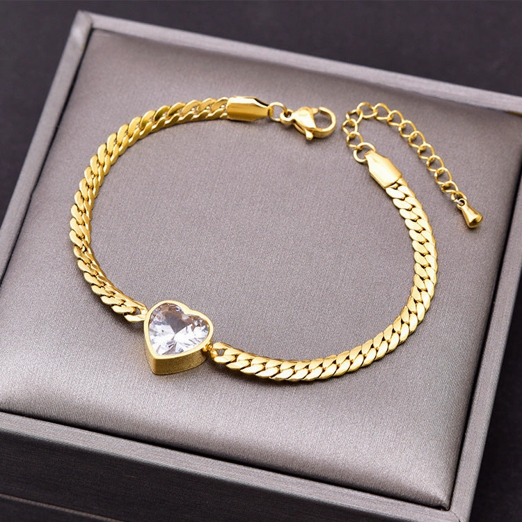 Wholesale White Zircon Love Necklace Titanium Steel Bracelet Green Diamond Clavicle Chain Heart Shape Bracelet Set