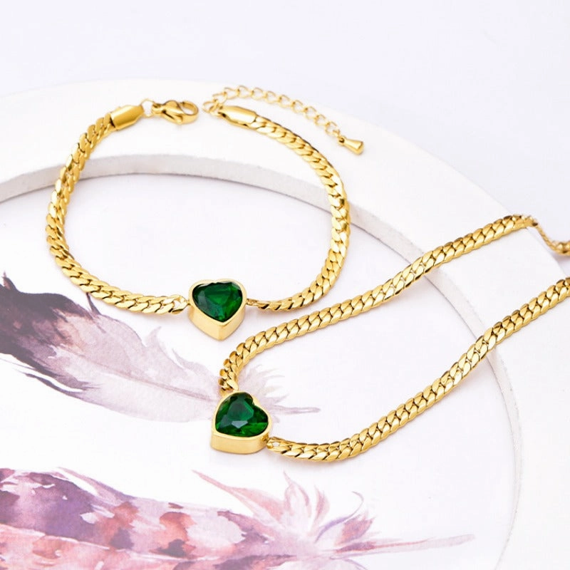 Wholesale White Zircon Love Necklace Titanium Steel Bracelet Green Diamond Clavicle Chain Heart Shape Bracelet Set