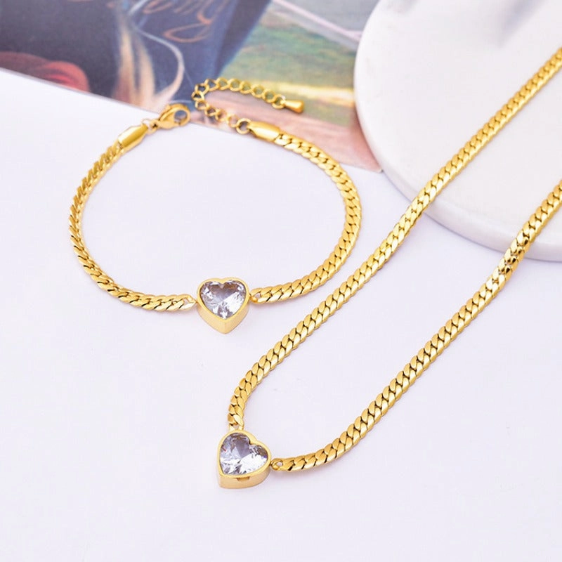 Wholesale White Zircon Love Necklace Titanium Steel Bracelet Green Diamond Clavicle Chain Heart Shape Bracelet Set
