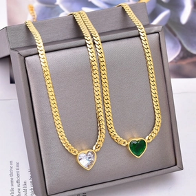 Wholesale White Zircon Love Necklace Titanium Steel Bracelet Green Diamond Clavicle Chain Heart Shape Bracelet Set