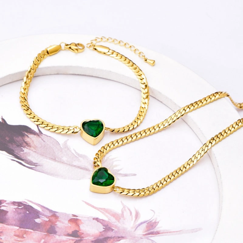 Wholesale White Zircon Love Necklace Titanium Steel Bracelet Green Diamond Clavicle Chain Heart Shape Bracelet Set