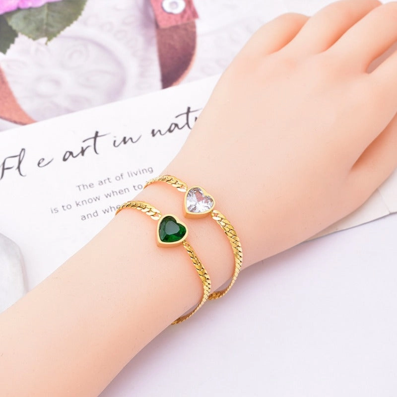 Wholesale White Zircon Love Necklace Titanium Steel Bracelet Green Diamond Clavicle Chain Heart Shape Bracelet Set
