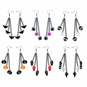 Wholesale Wholesale Halloween Acrylic Black Chain Bat Skeleton Spider Pumpkin Coffin BOO Ghost Earrings