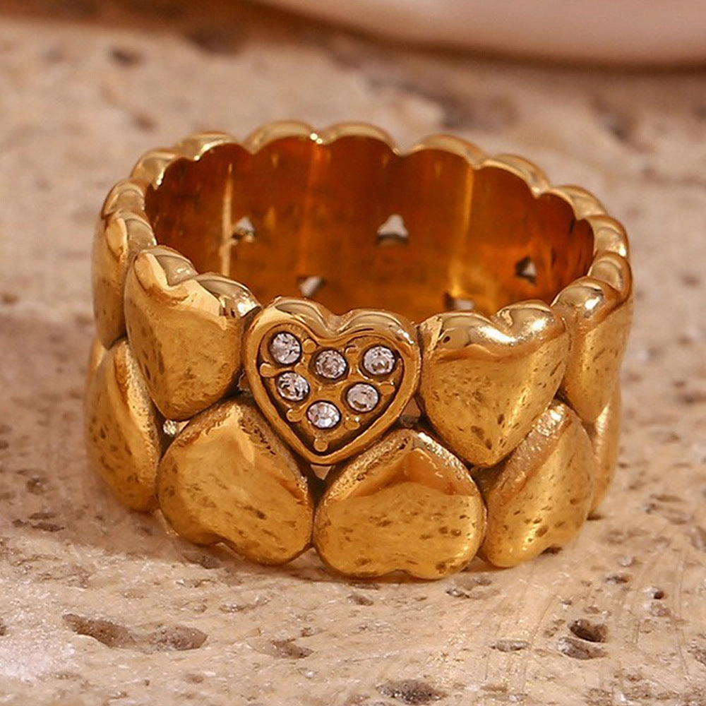 Wholesale Wide Double Layer Peach Heart Stainless Steel 18K Gold Plated Ring