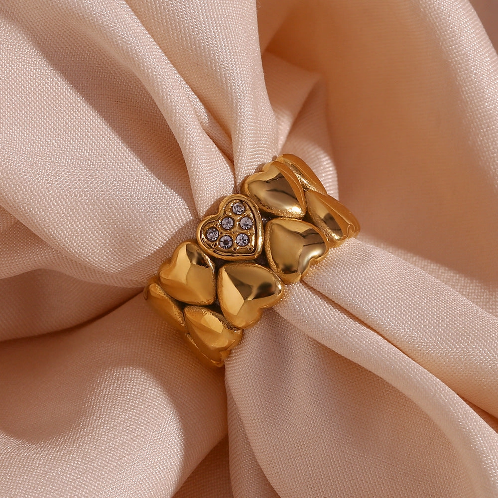 Wholesale Wide Double Layer Peach Heart Stainless Steel 18K Gold Plated Ring