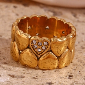 Wholesale Wide Double Layer Peach Heart Stainless Steel 18K Gold Plated Ring