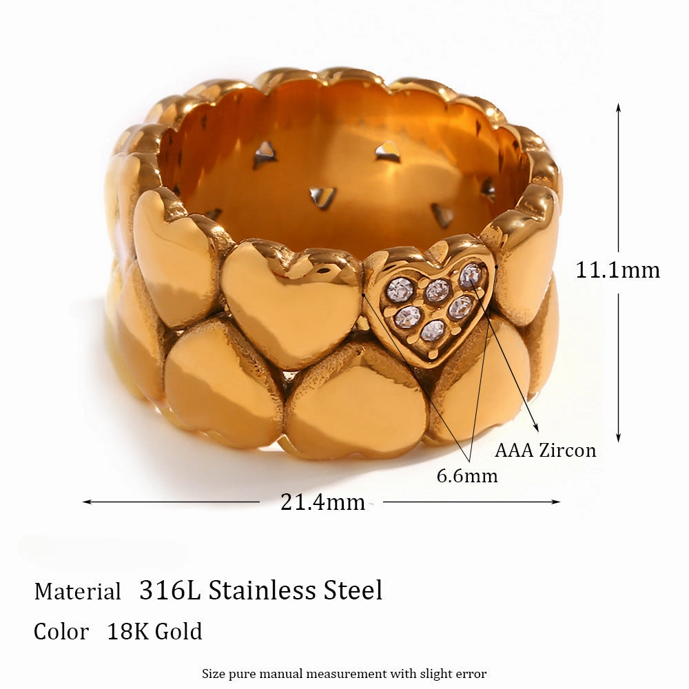 Wholesale Wide Double Layer Peach Heart Stainless Steel 18K Gold Plated Ring