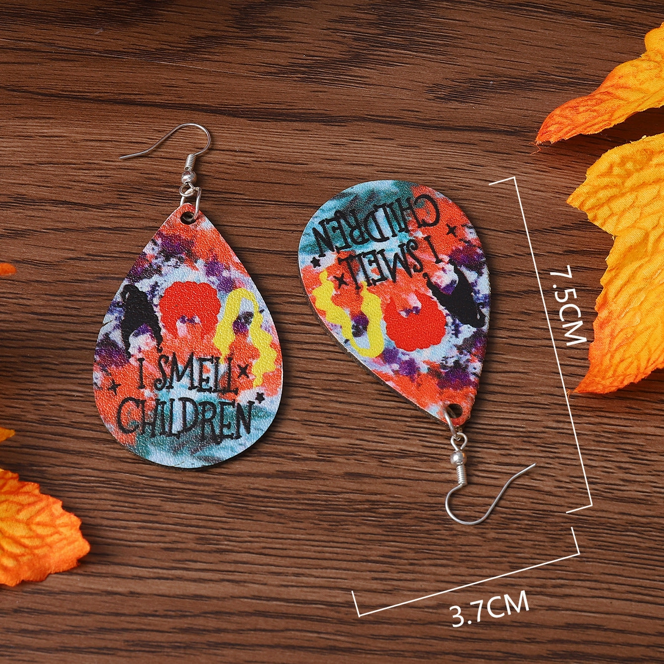 Wholesale Witch Head I Smell Children Water Drop Double Sided PU Leather Earrings