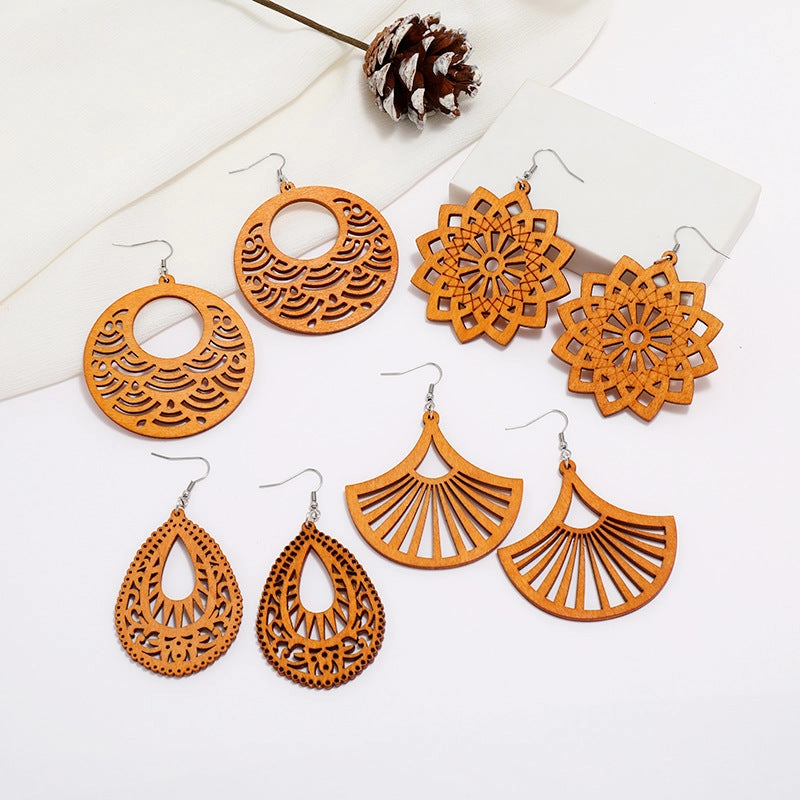 Wholesale Wood Geometric Hollow Earrings